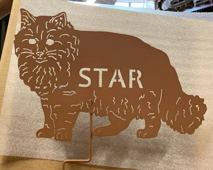 2 long-haired cat yard art silhouettes in rust metal for lawn or wall use by Rustica Ornamentals on Tampa Home & Garden Store