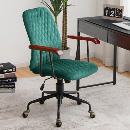 Sillón de oficina de terciopelo con reposabrazos de madera verde