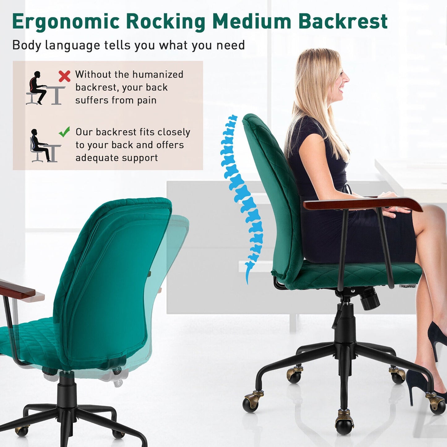 Sillón de oficina de terciopelo con reposabrazos de madera verde