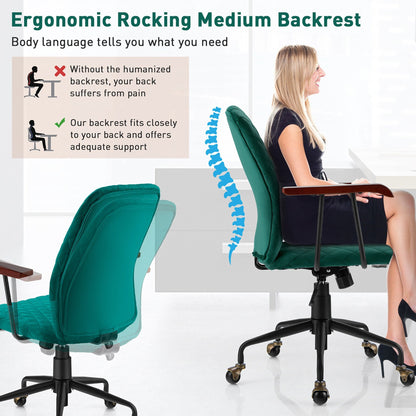 Sillón de oficina de terciopelo con reposabrazos de madera verde
