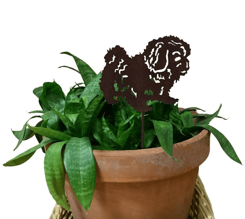 Rustica Ornamentals Pekingese dog plant stake, brown metal silhouette for lawn decor on Tampa Home & Garden Store