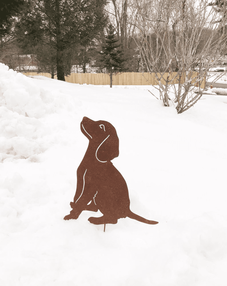 Beagle garden stake silhouette in rust metal by Rustica Ornamentals for lawn ornaments on Tampa Home & Garden Store