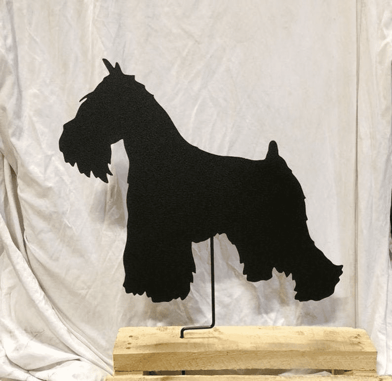 Miniature Schnauzer garden stake silhouette, black metal wall art on wooden base, lawn ornament on Tampa Home & Garden Store