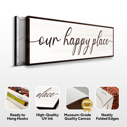 Our Happy Place Sign II canvas with whitewashed wood plank background and dark frame on Tampa Home & Garden Store