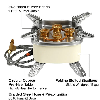 GemGear 13000W five-head portable camping stove with brass burners and piezo ignition on Tampa Home & Garden Store