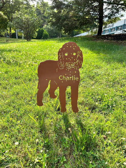 Goldendoodle garden stake metal silhouette in rust color with Charlie name lawn ornament on Tampa Home & Garden Store