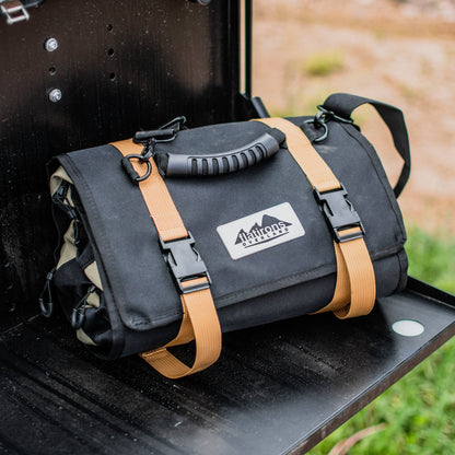 RiPouch Gear Roll by Flatirons Overland, black nylon bag with tan straps on Tampa Home & Garden Store