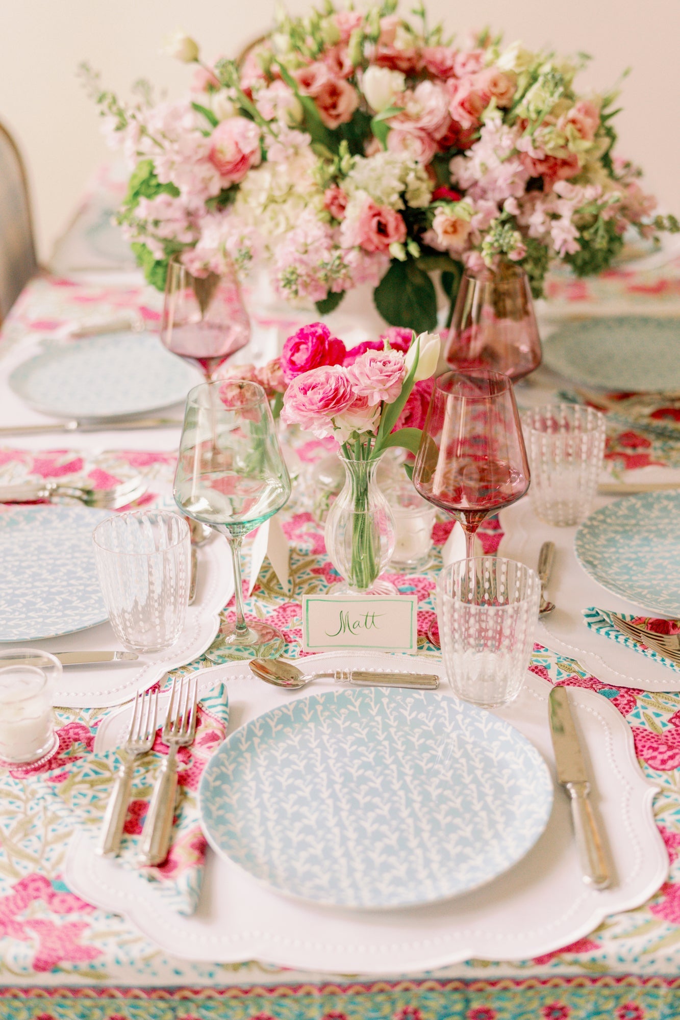 Slate blue Ivy Manor china plates set of 4 by Erin Donahue Tice on a floral table setting on Tampa Home & Garden Store