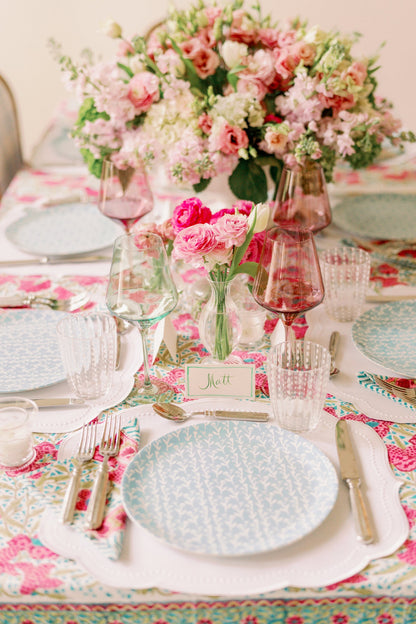 Slate blue Ivy Manor china plates set of 4 by Erin Donahue Tice on a floral table setting on Tampa Home & Garden Store