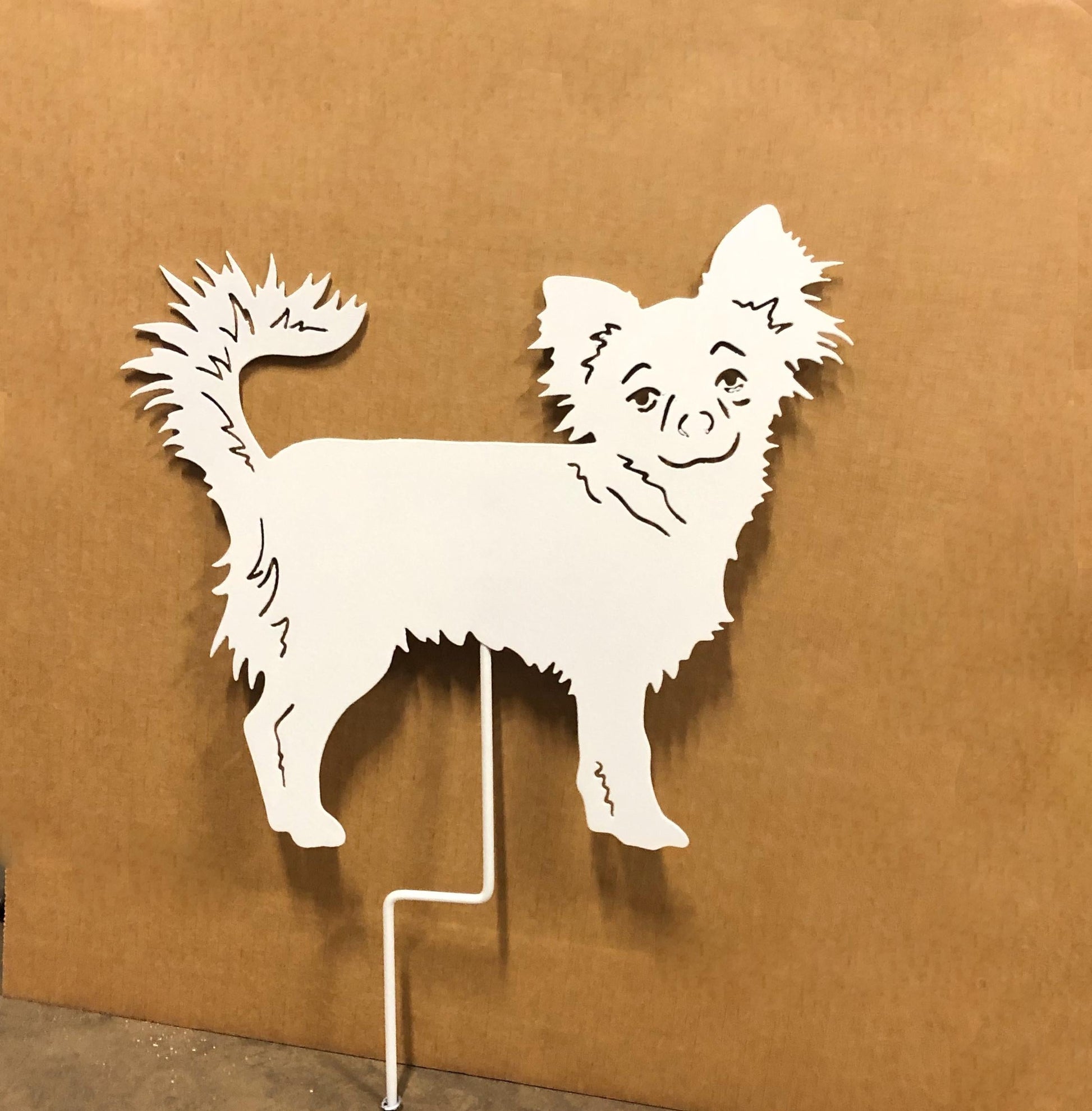 Long Haired Chihuahua garden stake wall hanging white cutout silhouette with fluffy fur on Tampa Home & Garden Store