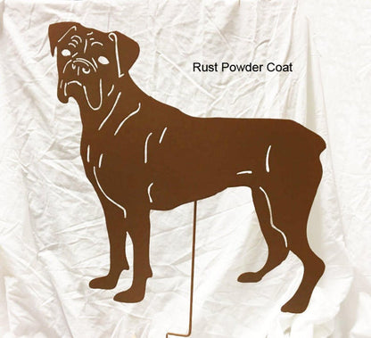 Boxer statue metal silhouette garden sculpture with rust powder coat finish mounted on stake on Tampa Home & Garden Store