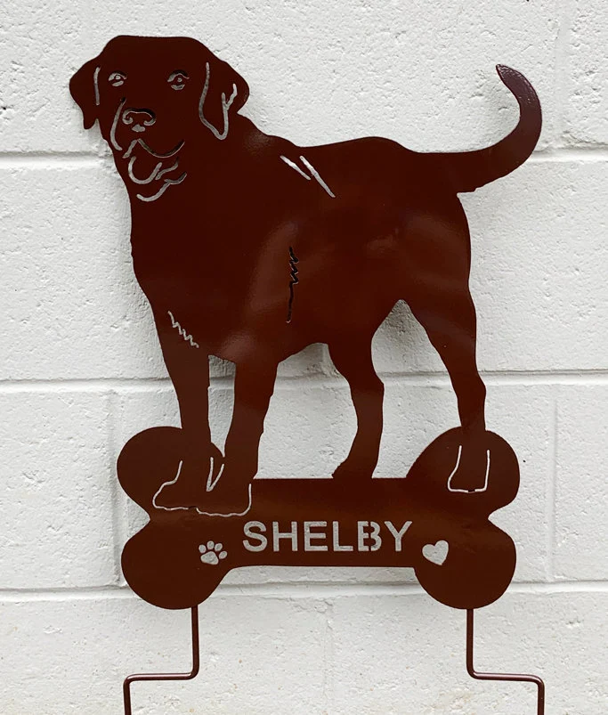 Labrador statue garden stake in rust metal with Shelby name and paw/heart accents by Rustica on Tampa Home & Garden Store