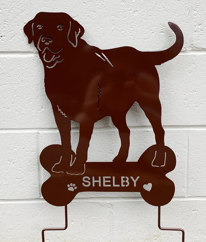 Labrador statue garden stake in rust metal with Shelby name and paw/heart accents by Rustica on Tampa Home & Garden Store
