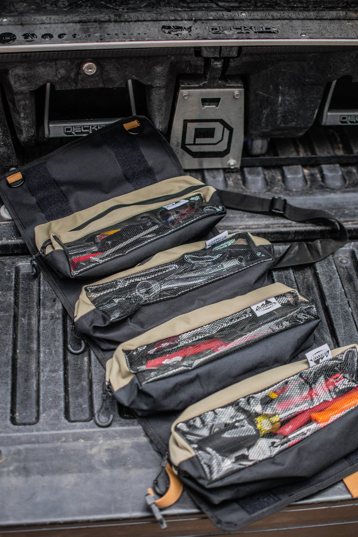 RiPouch Gear Roll by Flatirons Overland in truck bed with tan and black mesh-pocket organizers on Tampa Home & Garden Store