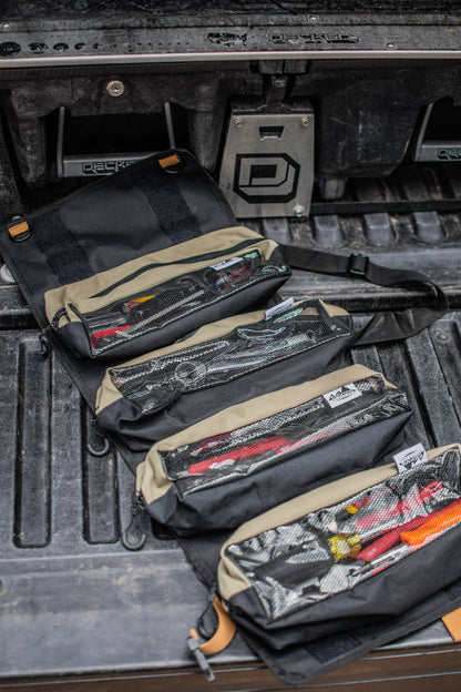 RiPouch Gear Roll by Flatirons Overland in truck bed with tan and black mesh-pocket organizers on Tampa Home & Garden Store