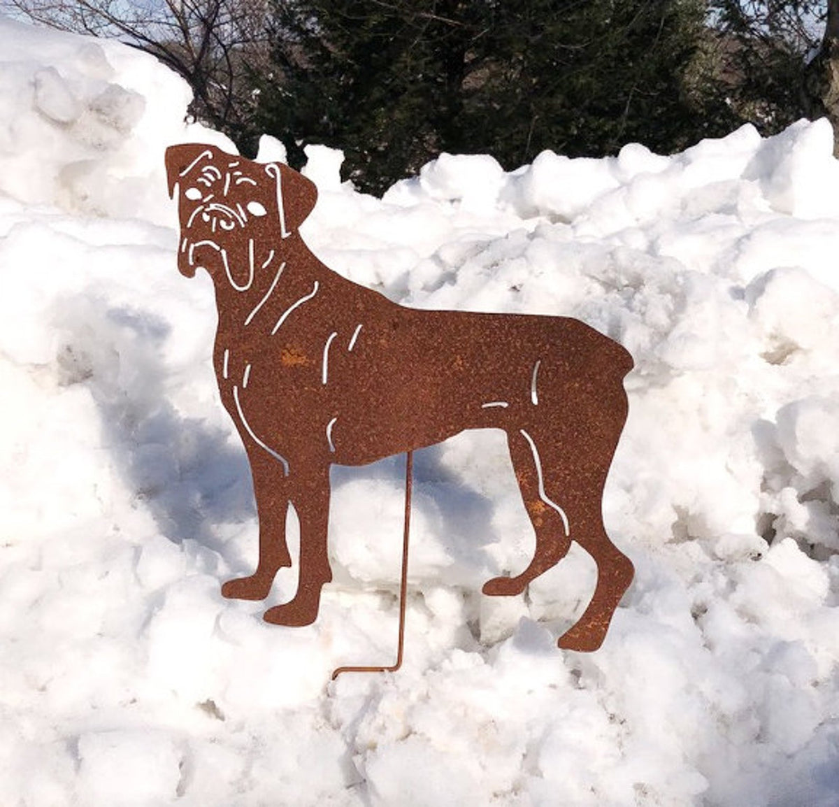 Boxer statue garden sculpture in rust metal outdoor yard decor by Rustica Ornamentals on Tampa Home & Garden Store