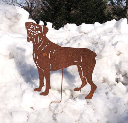 Boxer statue garden sculpture in rust metal outdoor yard decor by Rustica Ornamentals on Tampa Home & Garden Store