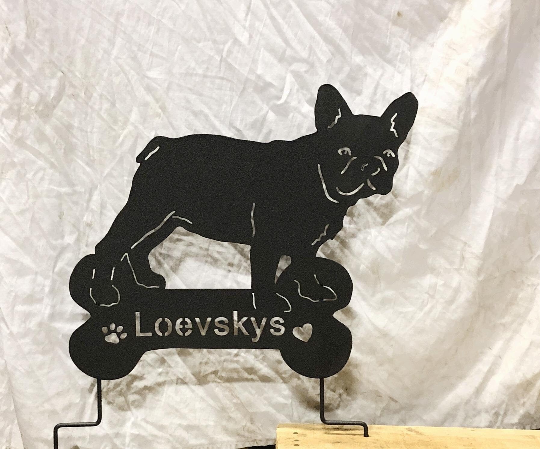 French Bulldog metal silhouette statue, black dog on bone base on Tampa Home & Garden Store