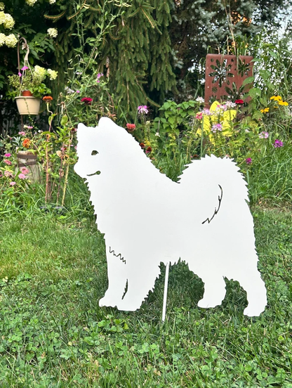 Samoyed garden stake wall art white metal silhouette Rustica Ornamentals lawn ornament on Tampa Home & Garden Store