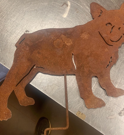 Rust metal French Bulldog wall art by Rustica Ornamentals, outdoor dog sculpture on Tampa Home & Garden Store