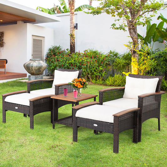 5 Pieces Patio Rattan Furniture Set with Acacia Wood Table - Tampa Home & Garden Store