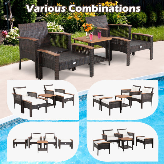 5 Pieces Patio Rattan Furniture Set with Acacia Wood Table - Tampa Home & Garden Store