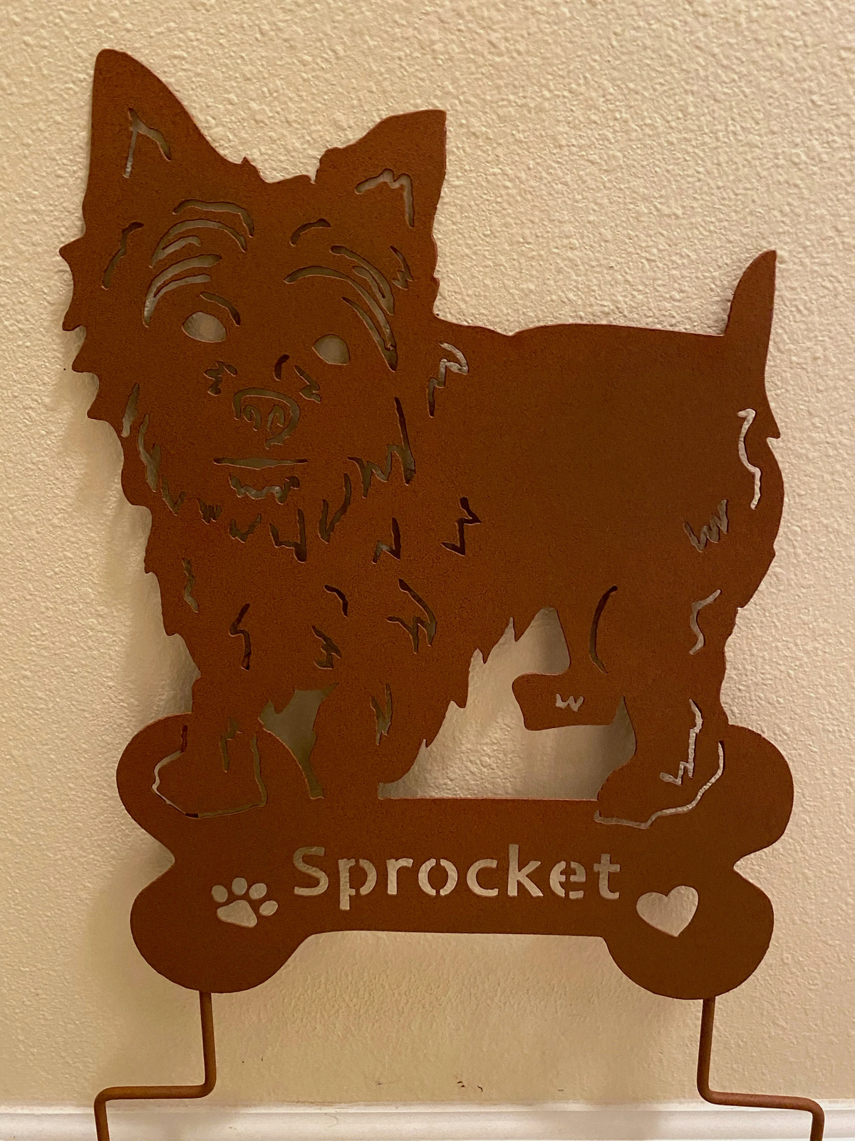 Yorkie dog wall art silhouette in rust metal garden sculpture by Rustica Ornamentals on Tampa Home & Garden Store