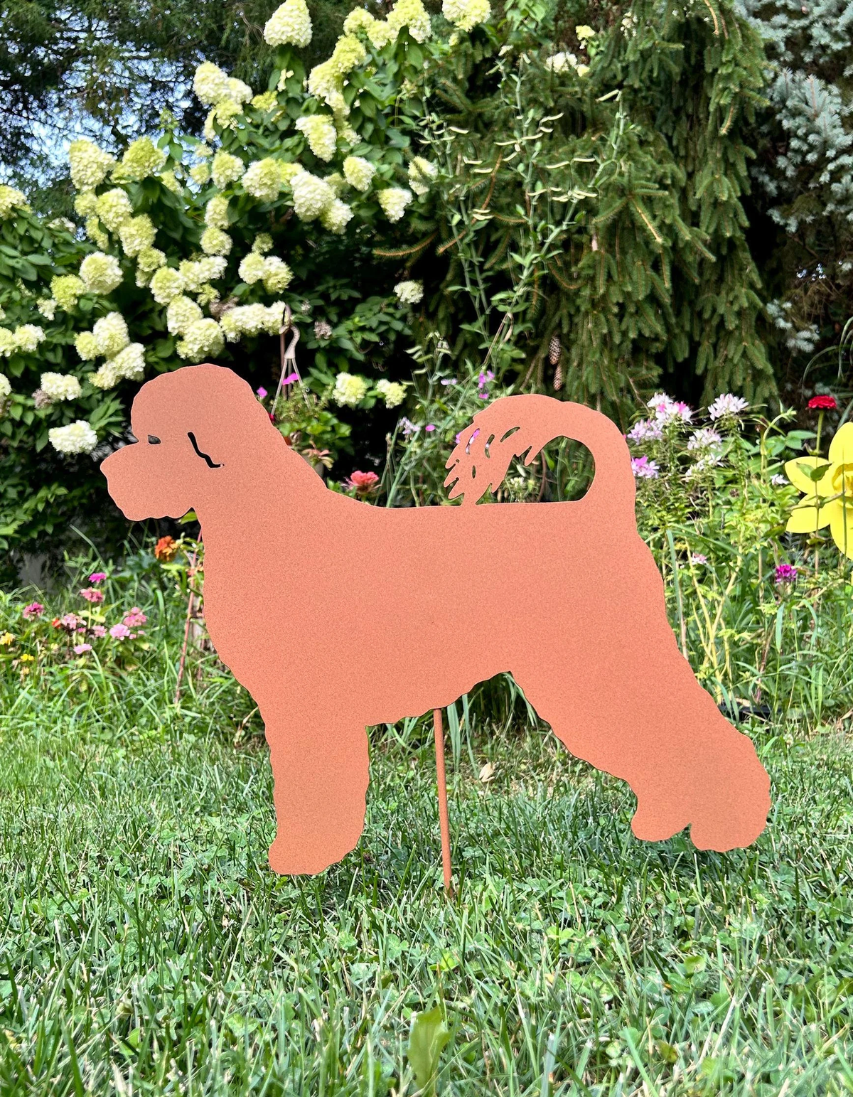 Portuguese Water Dog garden stake Rustica Ornamentals orange metal silhouette on Tampa Home & Garden Store