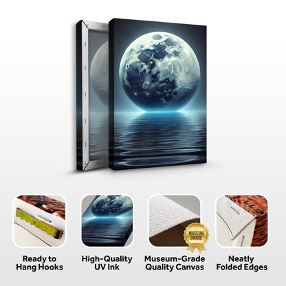 Cool Moonlight Glow Wall Art canvas, 3-panel by Tailored Canvases, blue moon over water on Tampa Home & Garden Store