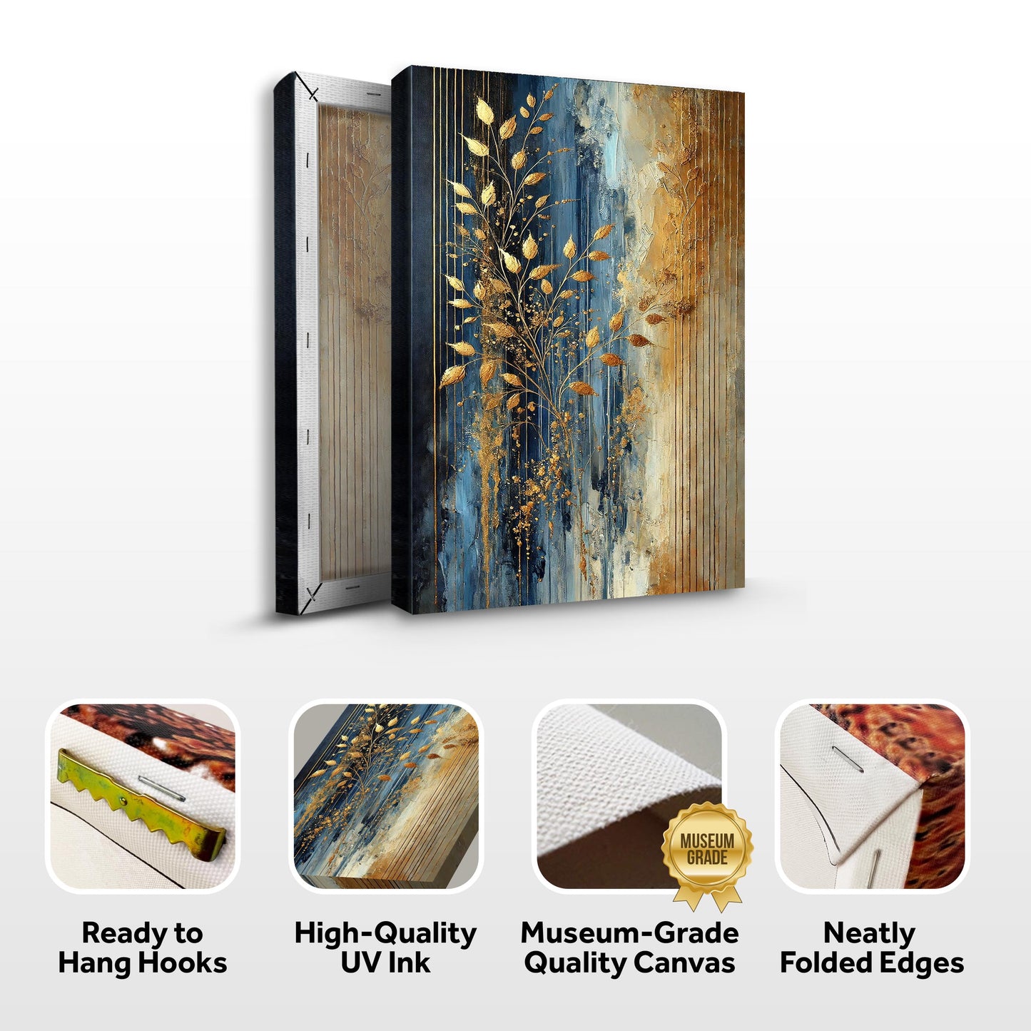 Modern Gold Leaves Wall Art canvas set, 2-piece by Tailored Canvases with gold leaf on blue textured panel on Tampa Home & Garden Store