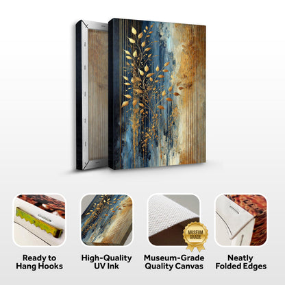 Modern Gold Leaves Wall Art canvas set, 2-piece by Tailored Canvases with gold leaf on blue textured panel on Tampa Home & Garden Store