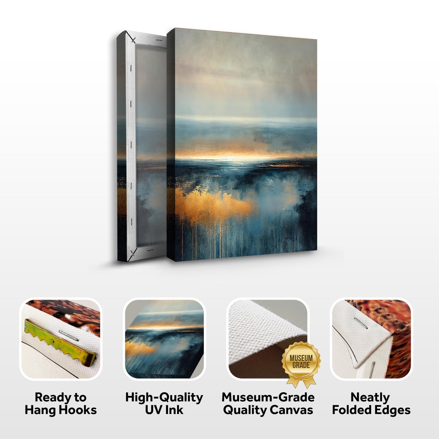 Cool Nature View Wall Art canvas, Tailored Canvases three-panel seascape in blue, gold and grey on Tampa Home & Garden Store