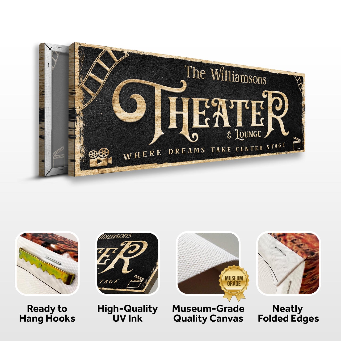 Theater Sign VI canvas by Tailored Canvases, black with gold lettering, wood frame on Tampa Home & Garden Store