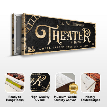 Theater Sign VI canvas by Tailored Canvases, black with gold lettering, wood frame on Tampa Home & Garden Store