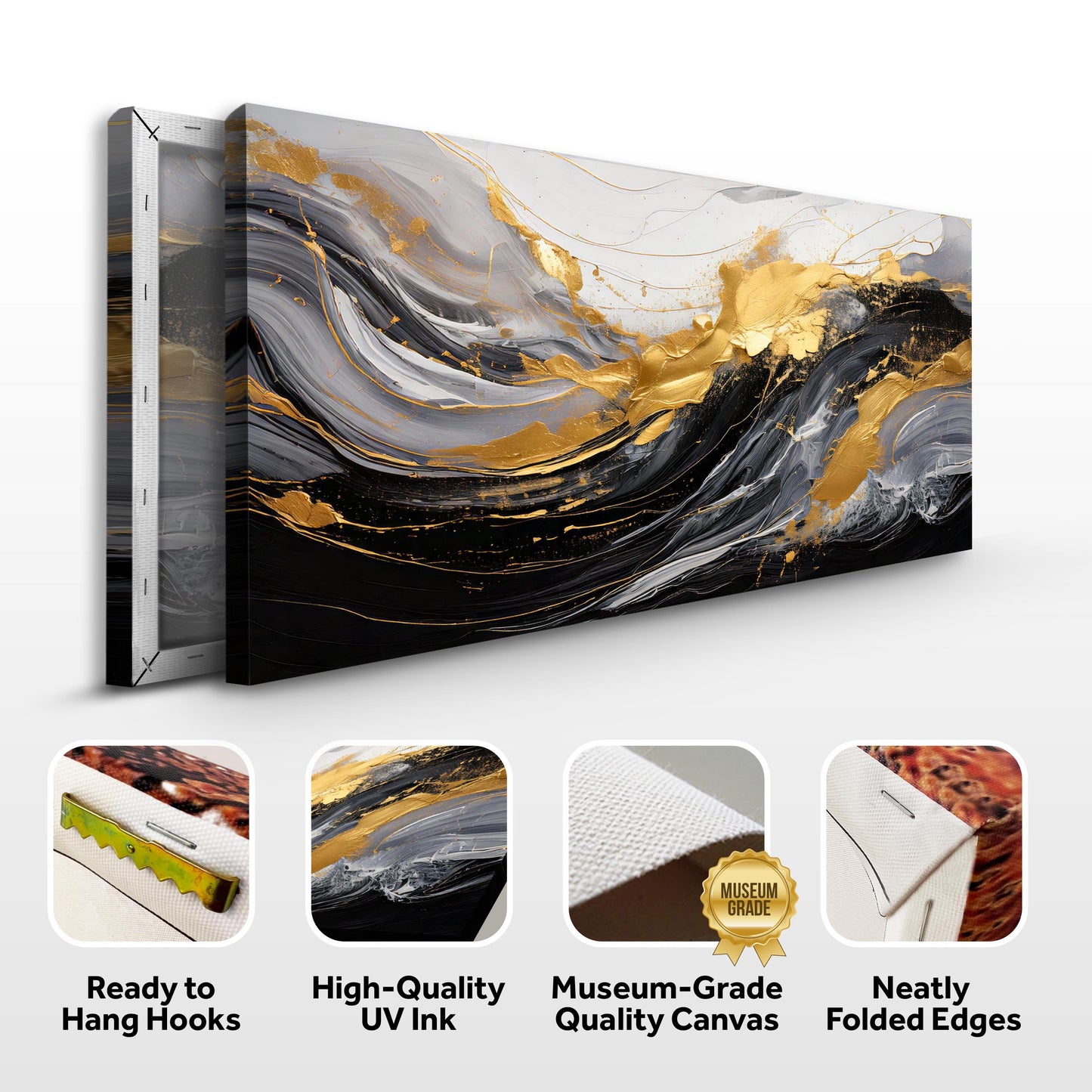 Modern Abstract Shadows Wall Art canvas by Tailored Canvases; grayscale swirls with gold accents on Tampa Home & Garden Store