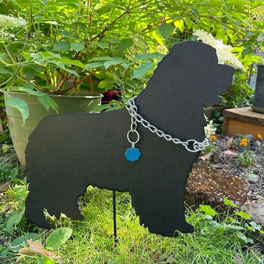 Newfoundland dog garden stake in black metal with blue tag Rustica Ornamentals lawn ornament on Tampa Home & Garden Store