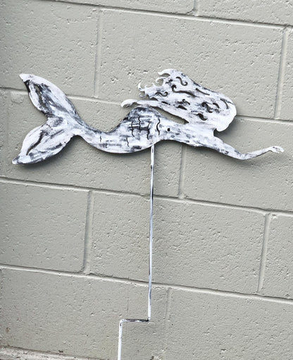 Mermaid garden statue metal wall art with distressed white finish by Rustica Ornamentals on Tampa Home & Garden Store