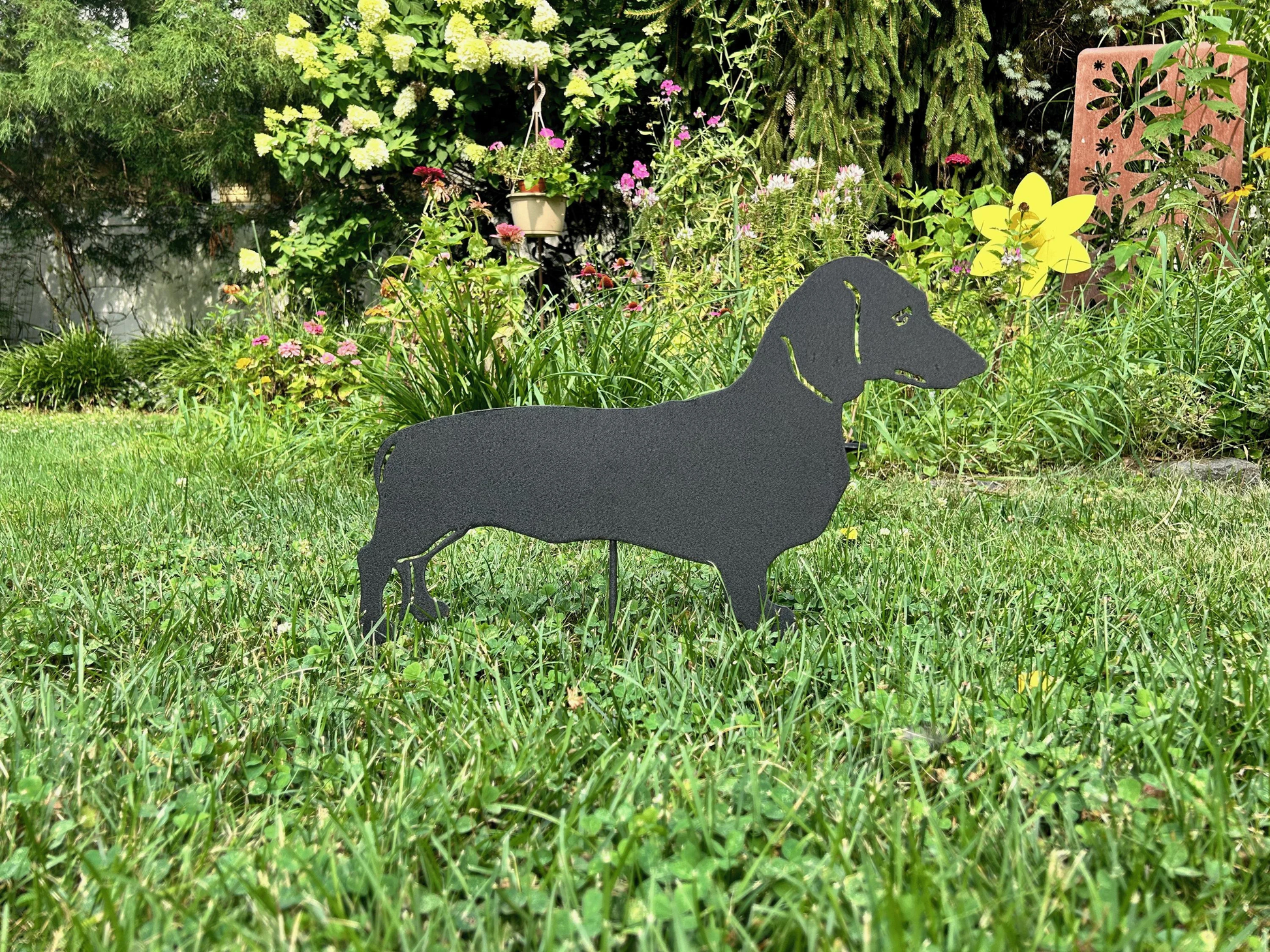Dachshund lawn statue silhouette in dark metal by Rustica Ornamentals on Tampa Home & Garden Store