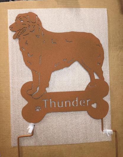 Australian Shepherd statue in rust metal finish wall art for lawn featuring Thunder bone sign on Tampa Home & Garden Store