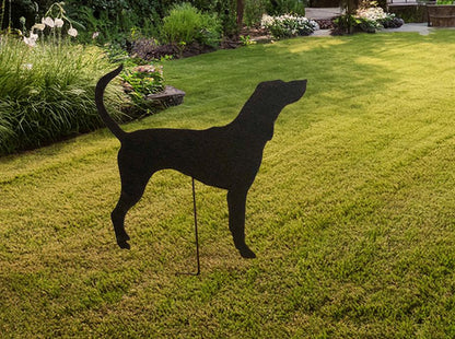 Plott Hound garden stake silhouette in black metal for lawn display Rustica Ornamentals on Tampa Home & Garden Store