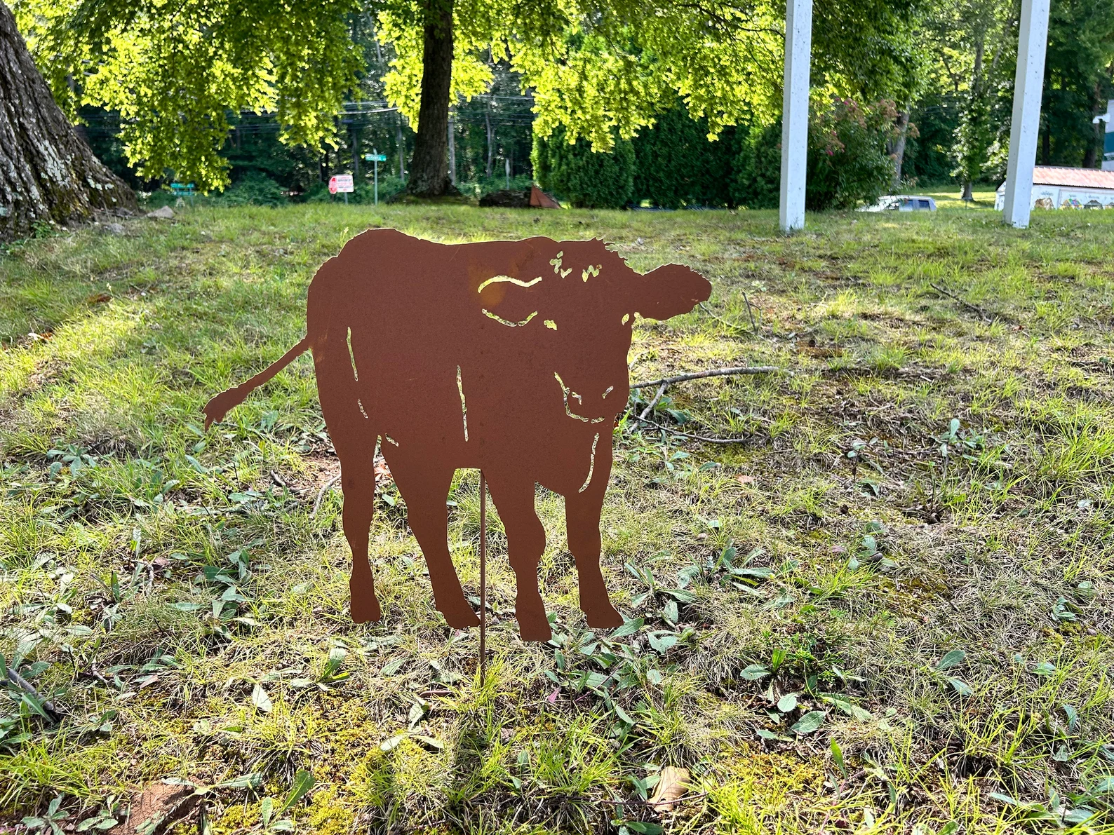 Cow garden stake silhouette in rusty brown metal, outdoor garden sculpture on Tampa Home & Garden Store