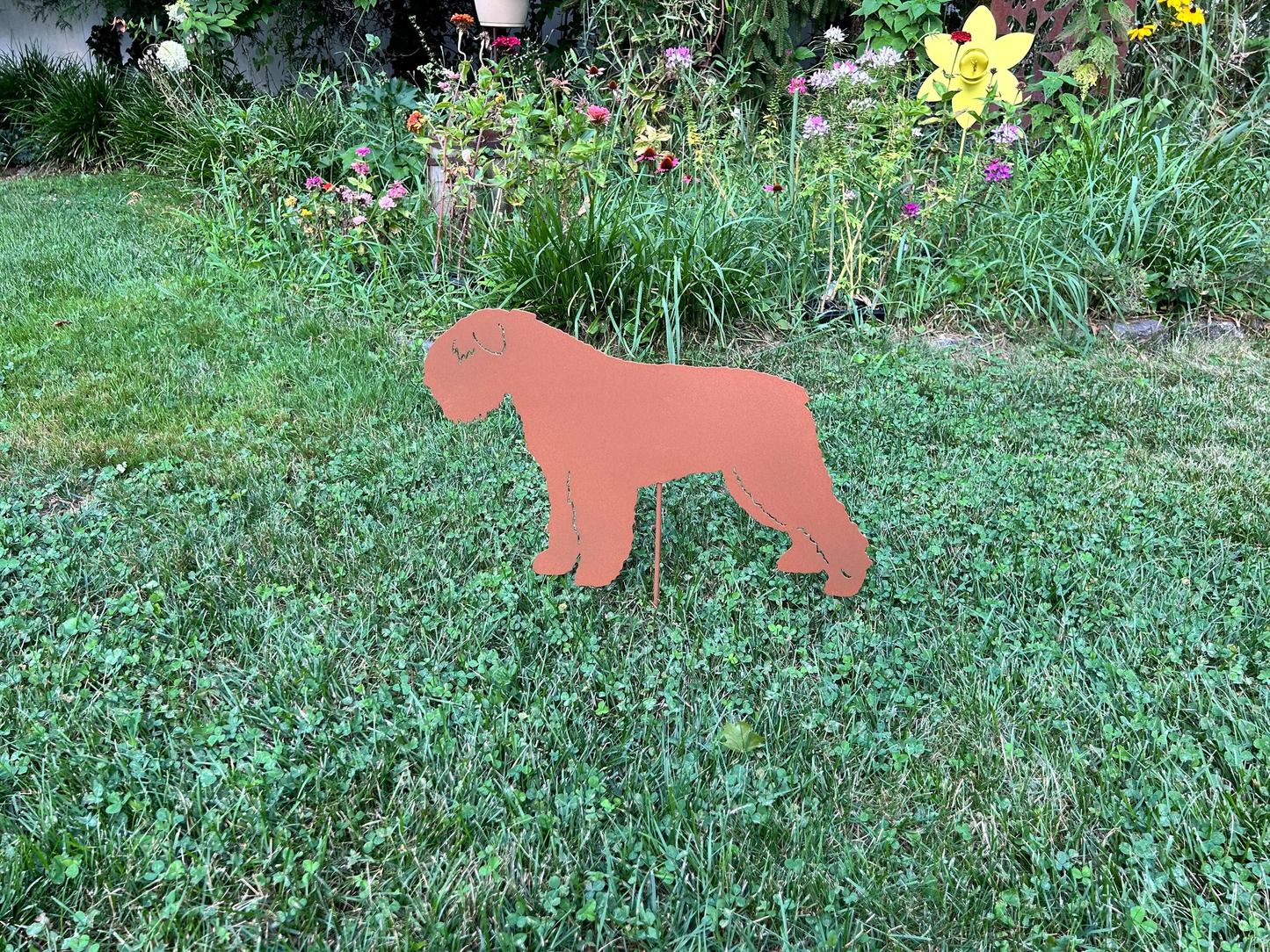 Bouvier des Flandres garden stake silhouette orange metal Rustica Ornamentals on Tampa Home & Garden Store