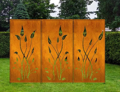 Outdoor privacy screens Rustica Ornamentals metal wall art with rust finish and green leaves on Tampa Home & Garden Store