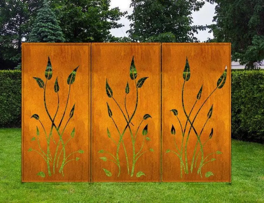 Outdoor privacy screens Rustica Ornamentals metal wall art with rust finish and green leaves on Tampa Home & Garden Store