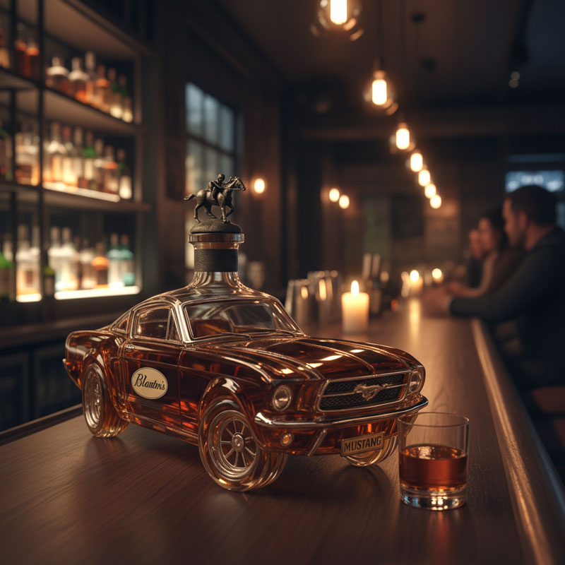 Mustang car whiskey decanter in amber glass with horse-top stopper Moktan Sabai decanters on Tampa Home & Garden Store