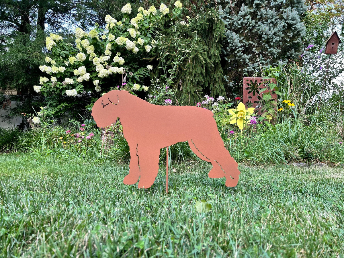 Bouvier des Flandres garden stake silhouette in rust metal by Rustica Ornamentals on Tampa Home & Garden Store
