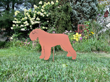 Bouvier des Flandres garden stake silhouette in rust metal by Rustica Ornamentals on Tampa Home & Garden Store