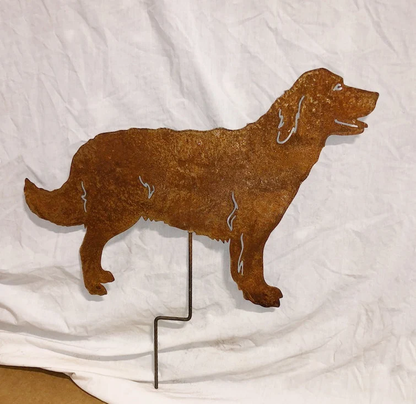Golden Retriever garden stake in rusty metal finish, lawn ornament on Tampa Home & Garden Store