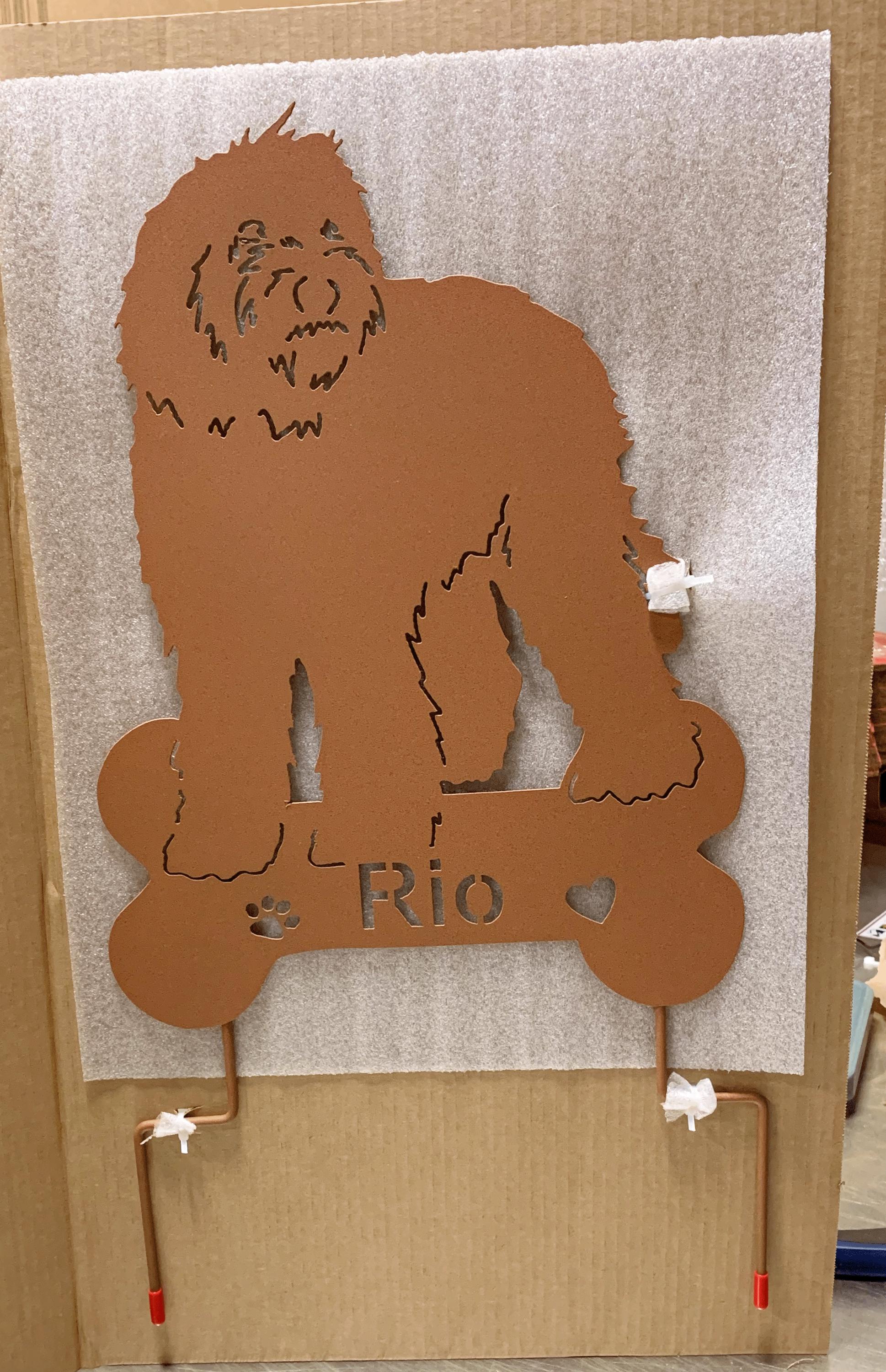 Labradoodle garden stake wall hanging in rust metal; Rustica Ornamentals Rio with paw prints on Tampa Home & Garden Store