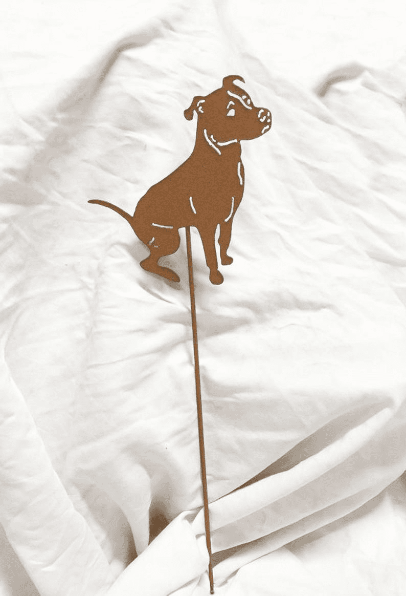Pit Bull plant stake style 2, brown metal silhouette on slender stake, Rustica Ornamentals on Tampa Home & Garden Store
